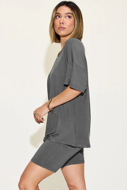 Basic Bae Full Size V-Neck Drop Shoulder T-Shirt and Shorts Set - Fashorio