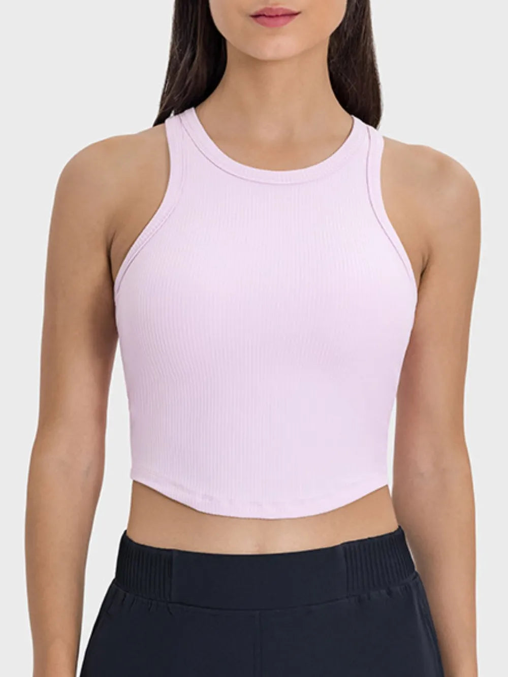 Round neck racerback active tank angled view