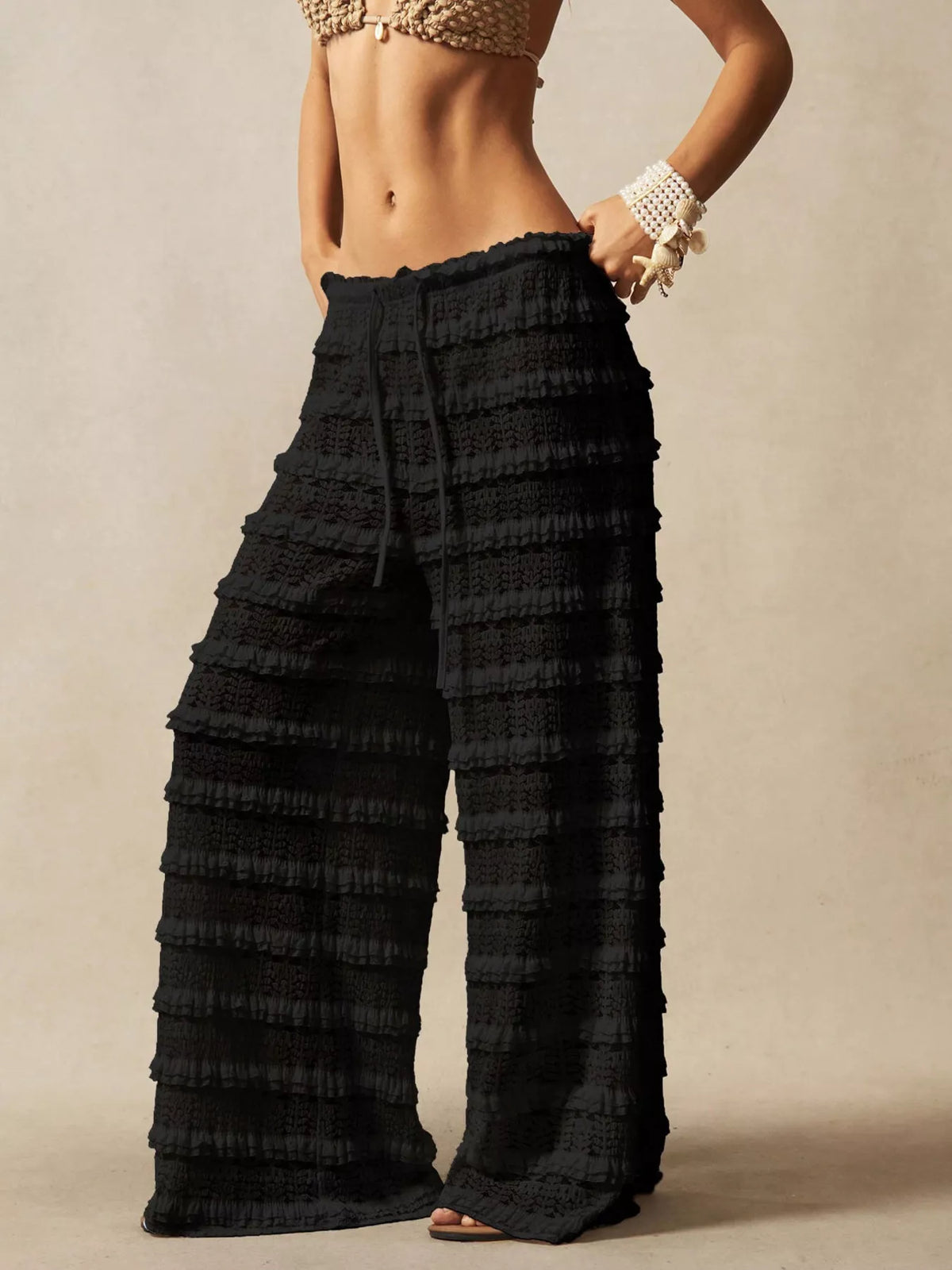 Black lace wide leg pants full length view