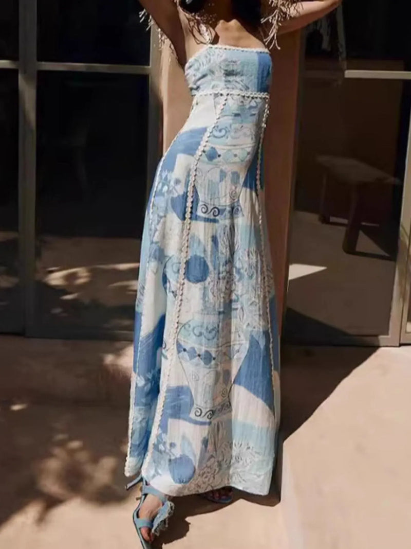 Printed square neck cami maxi dress in light blue front view