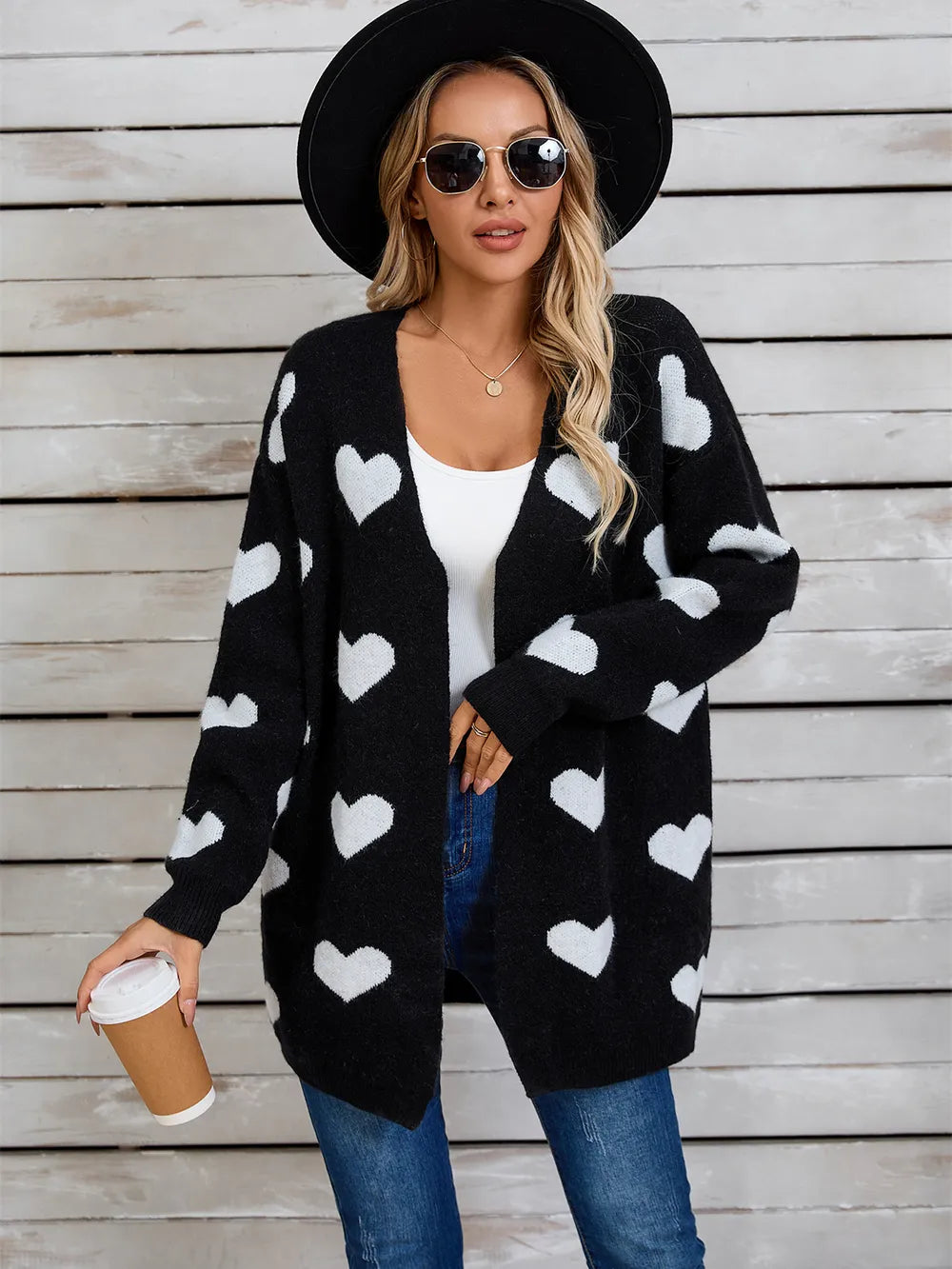Angel Wings Heart Open Front Long Sleeve Cardigan Black - Fashorio