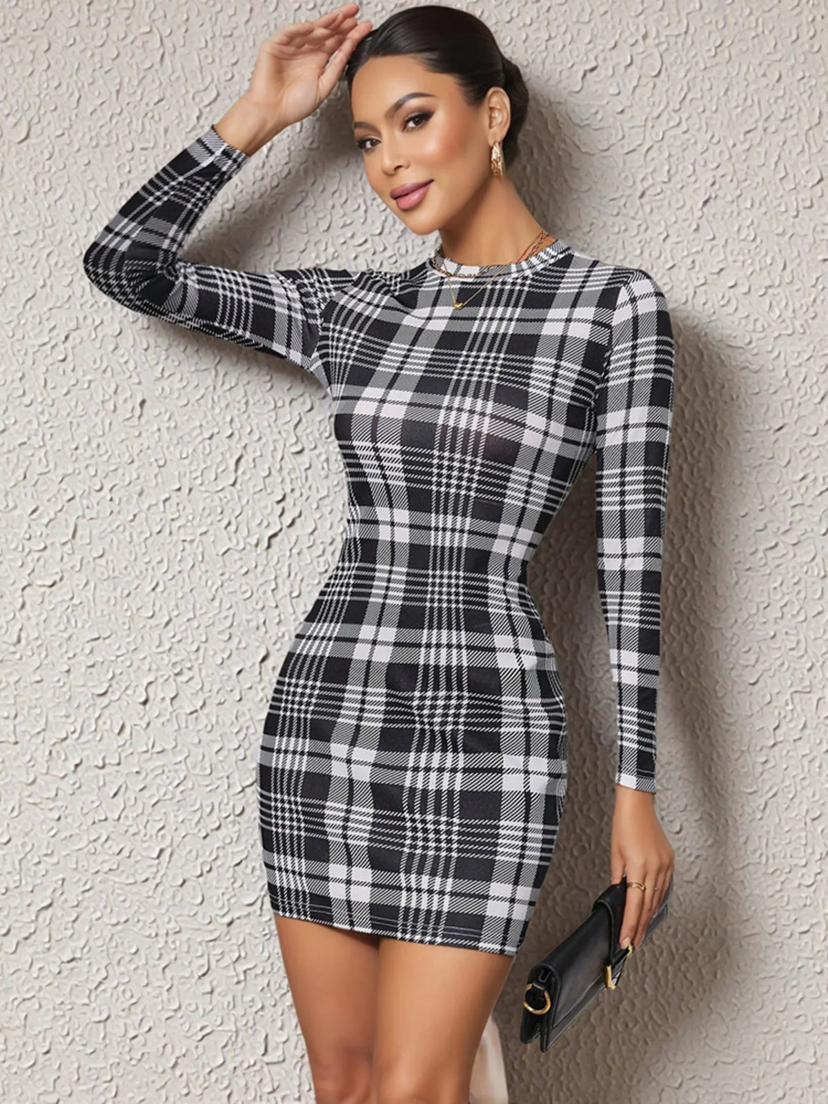 Plaid Long Sleeve Bodycon Mini Dress in Caramel view 13