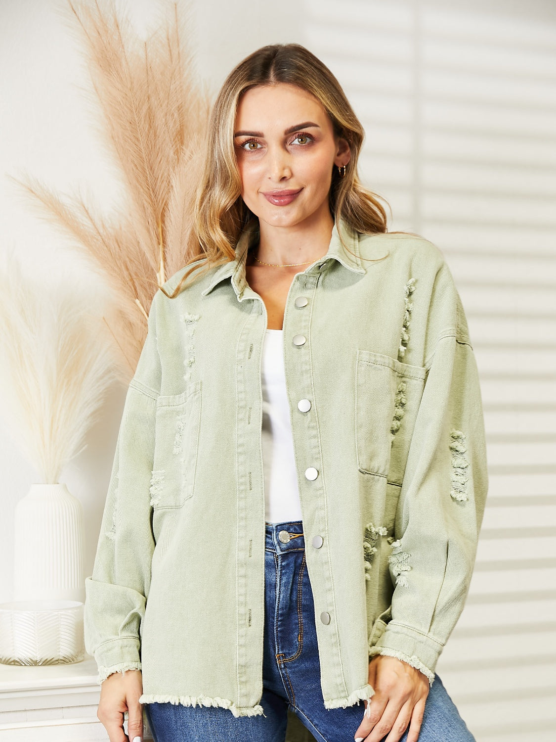 Distressed Raw Hem Denim Jacket Light Green - Fashorio