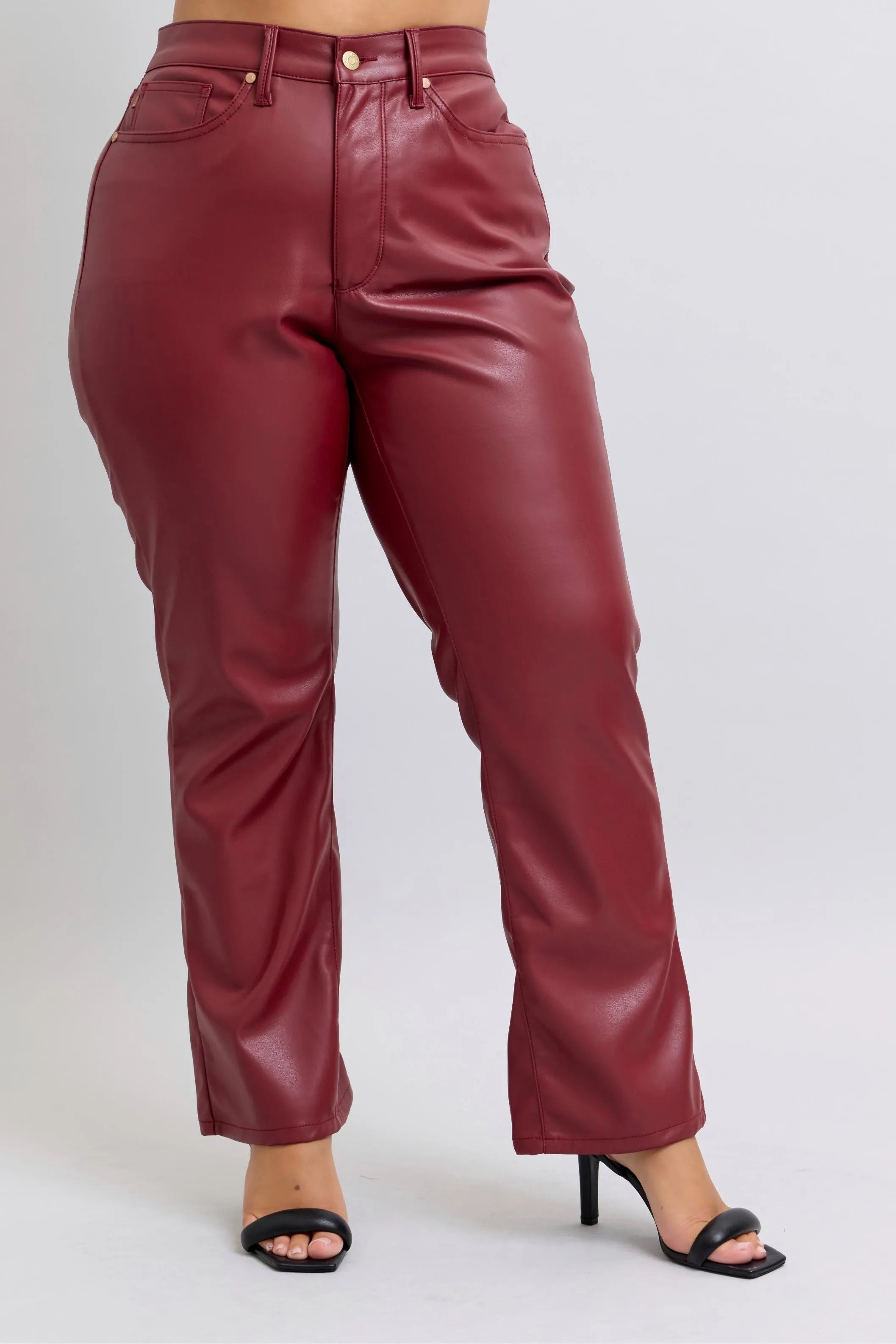 Judy Blue Full Size High Waist Tummy Control Faux Leather Straight Pants Plus Size - Fashorio