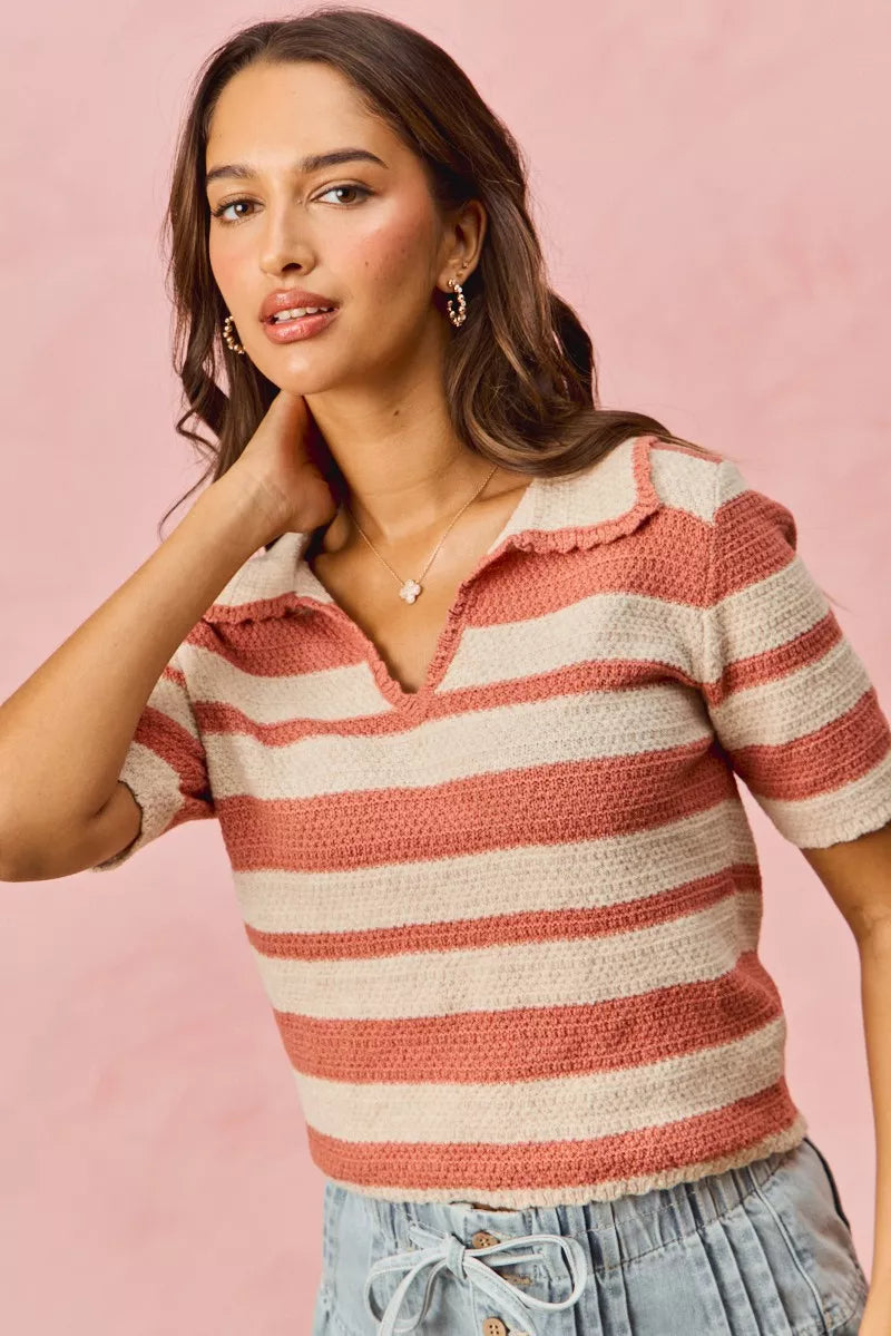 Striped Short Sleeve Cropped Sweater in Cream and Pink close up