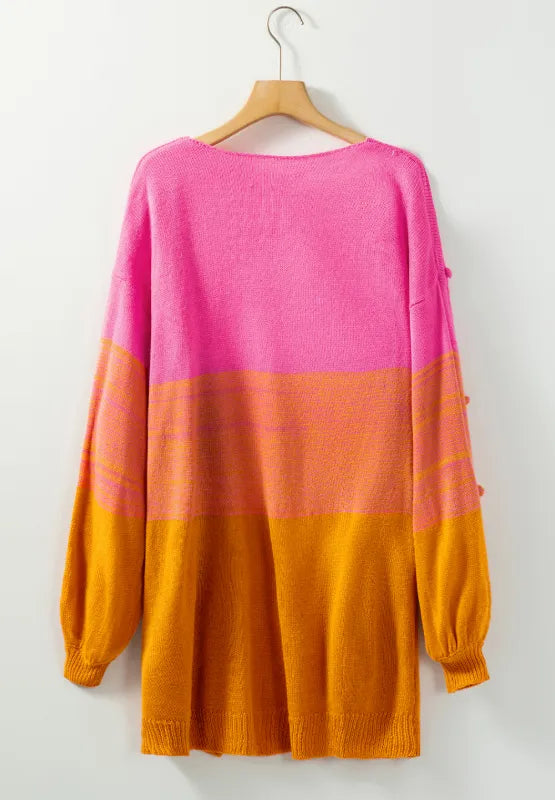 Pompom Color Block Open Front Cardigan - Fashorio
