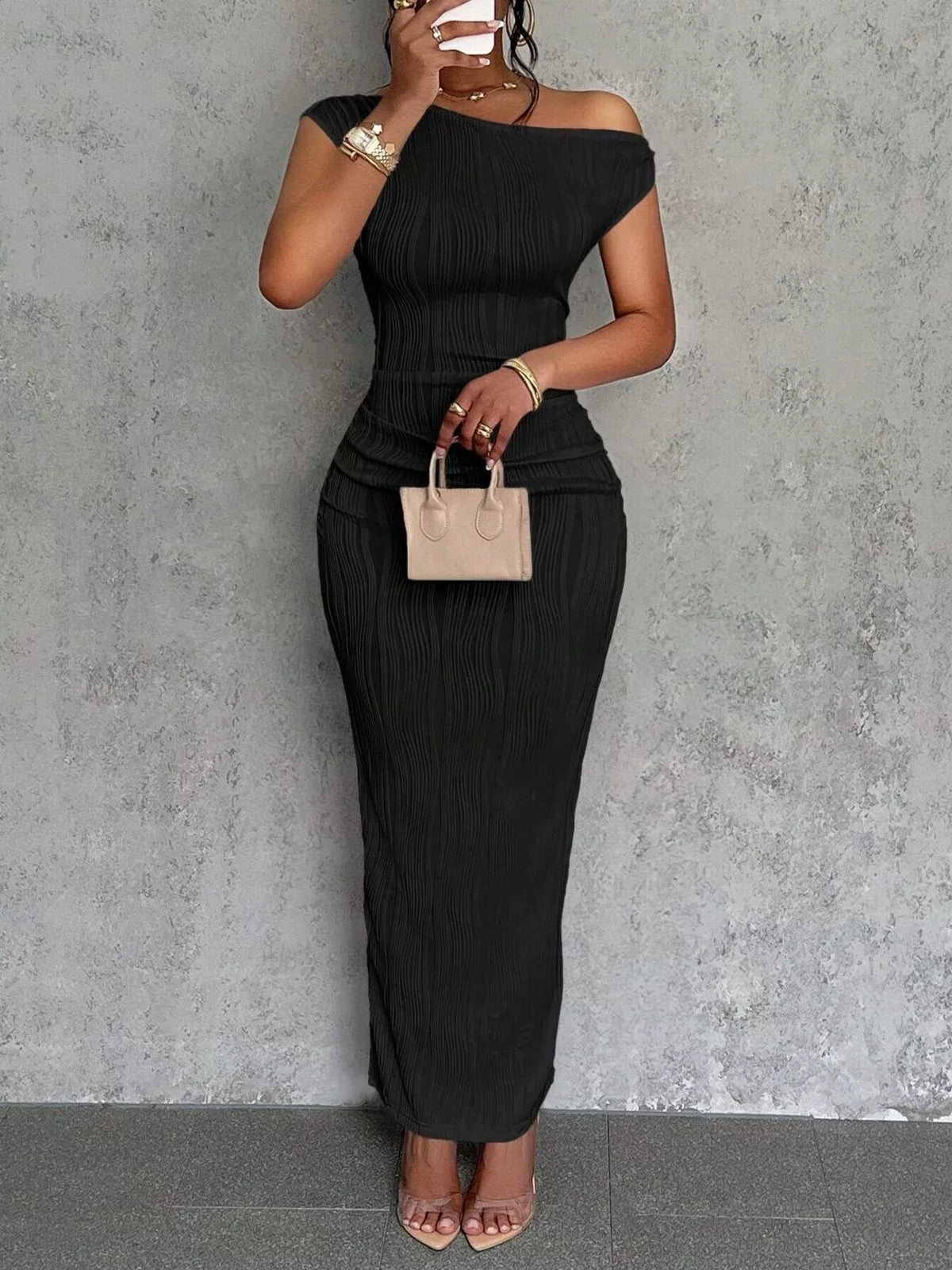 One shoulder textured ruched maxi dress full length view