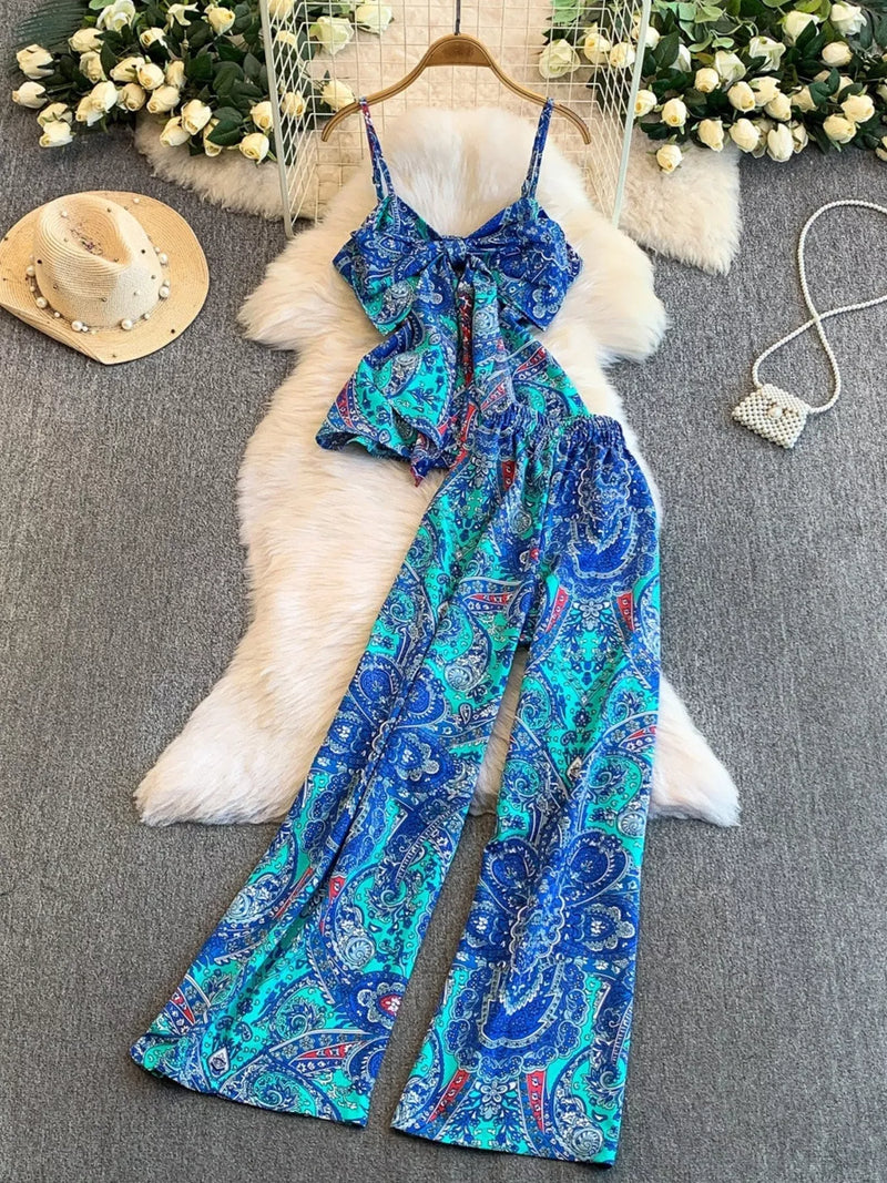 Printed cami and wide leg pants set front view