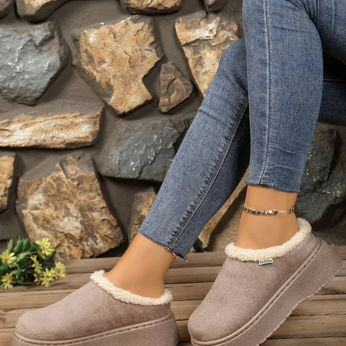 plush lined platform boots pair standing