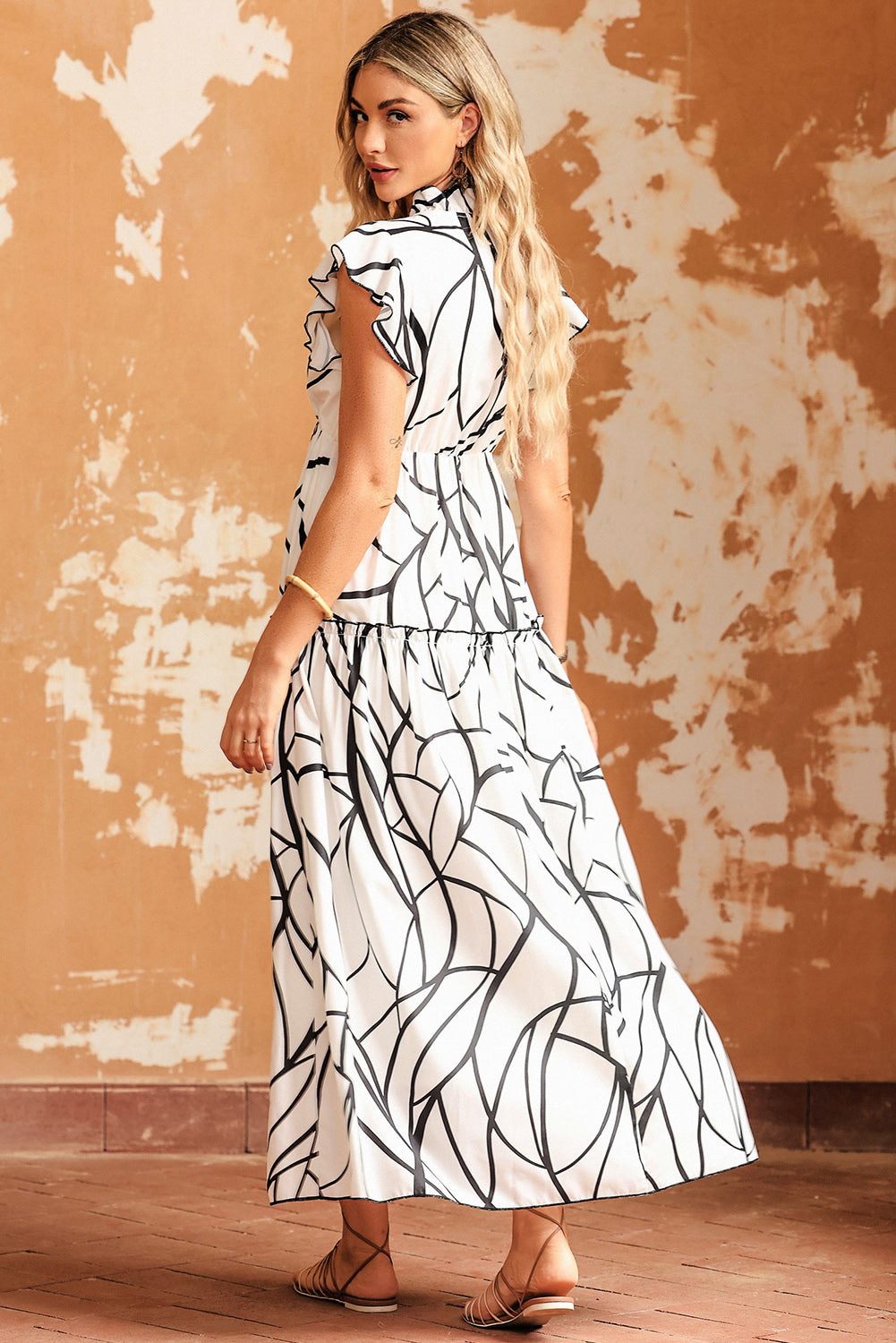 Ruffled Printed Surplice Cap Sleeve Dress - Fashorio