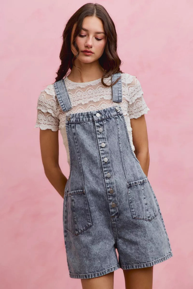 Acid washed denim romper front view