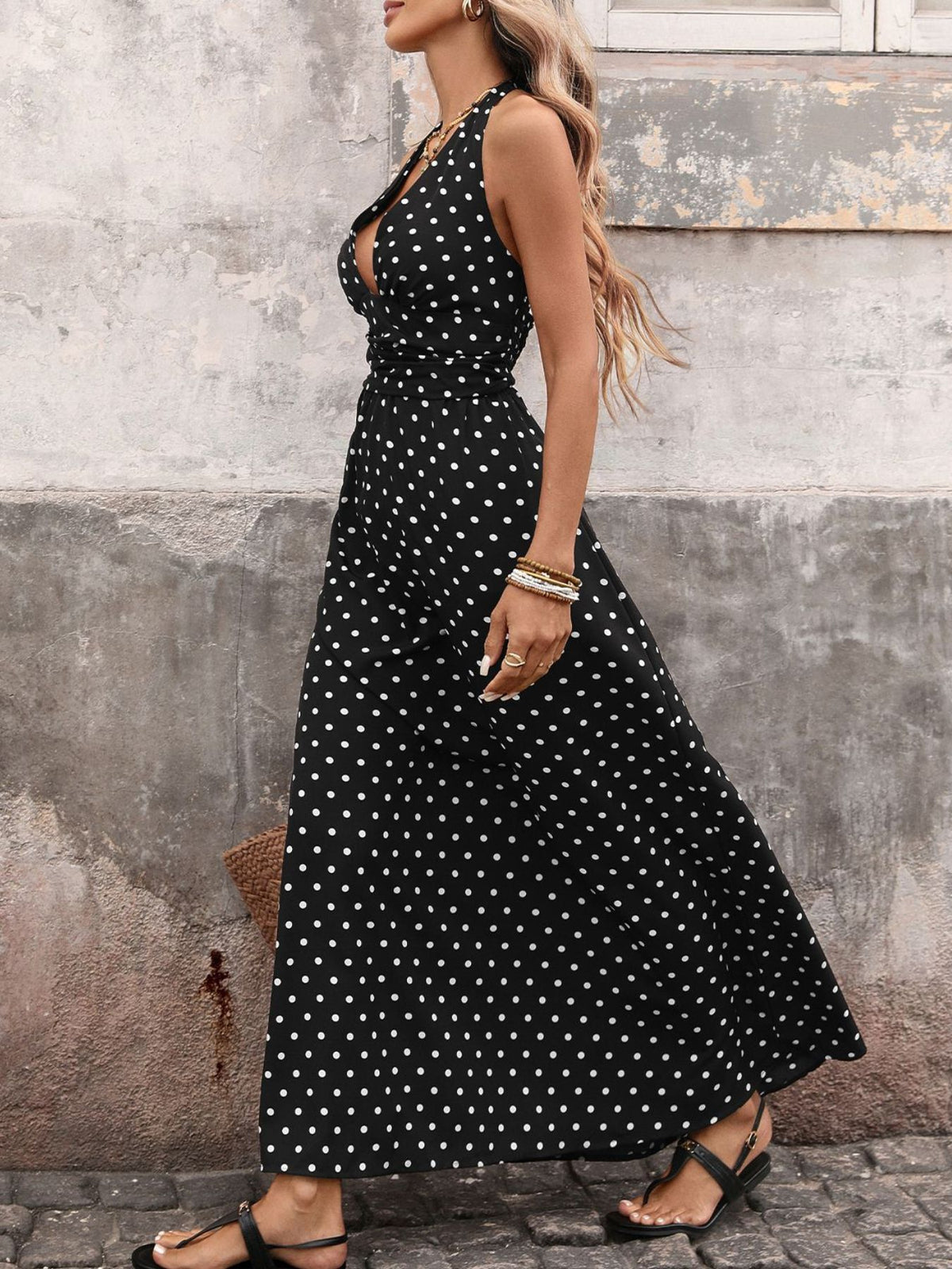 Polka dot halter neck maxi dress, back view