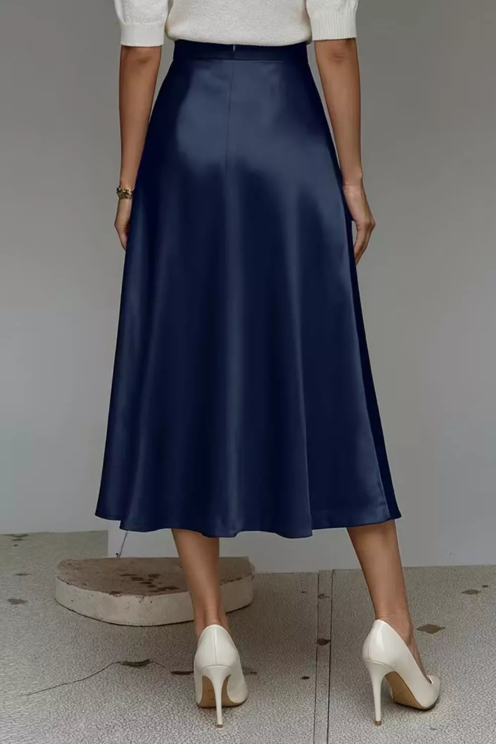 Satin A line midi skirt back view