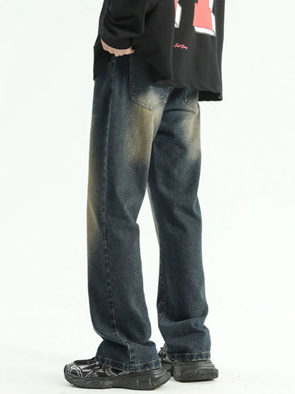 Men's Plus Size Washed Straight Leg Jeans Nostalgic Blue - Fashorio