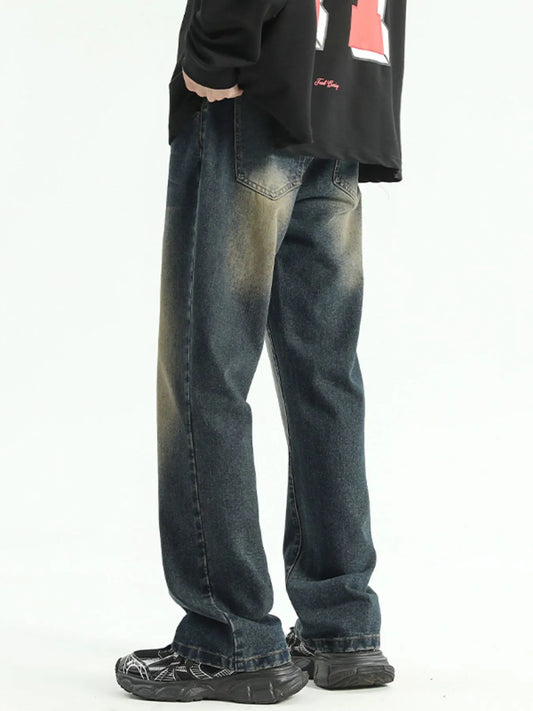 Men's Plus Size Washed Straight Leg Jeans Nostalgic Blue - Fashorio