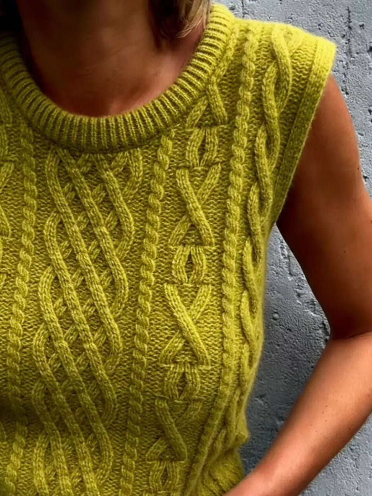 Cable Knit Sweater Vest in Gray on model
