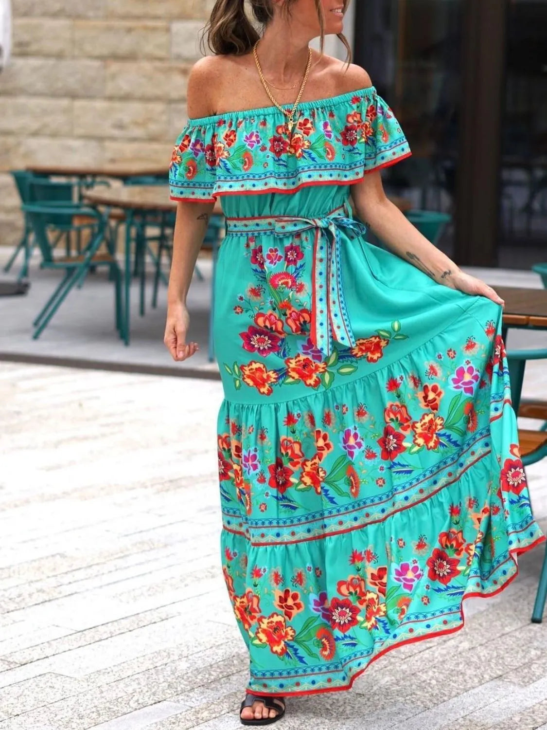 Floral off shoulder ruffle maxi dress view 10