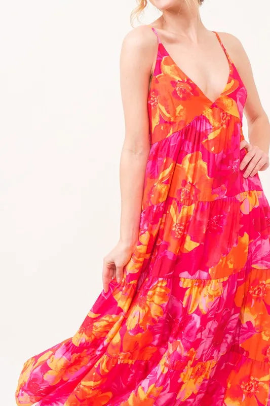 Floral Tiered Maxi Cami Dress with Pockets on model
