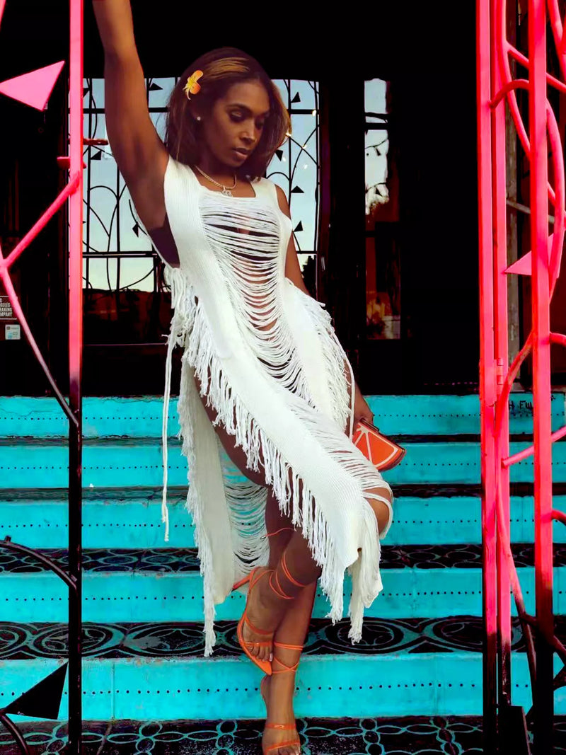 White fringe split square neck midi dress front view