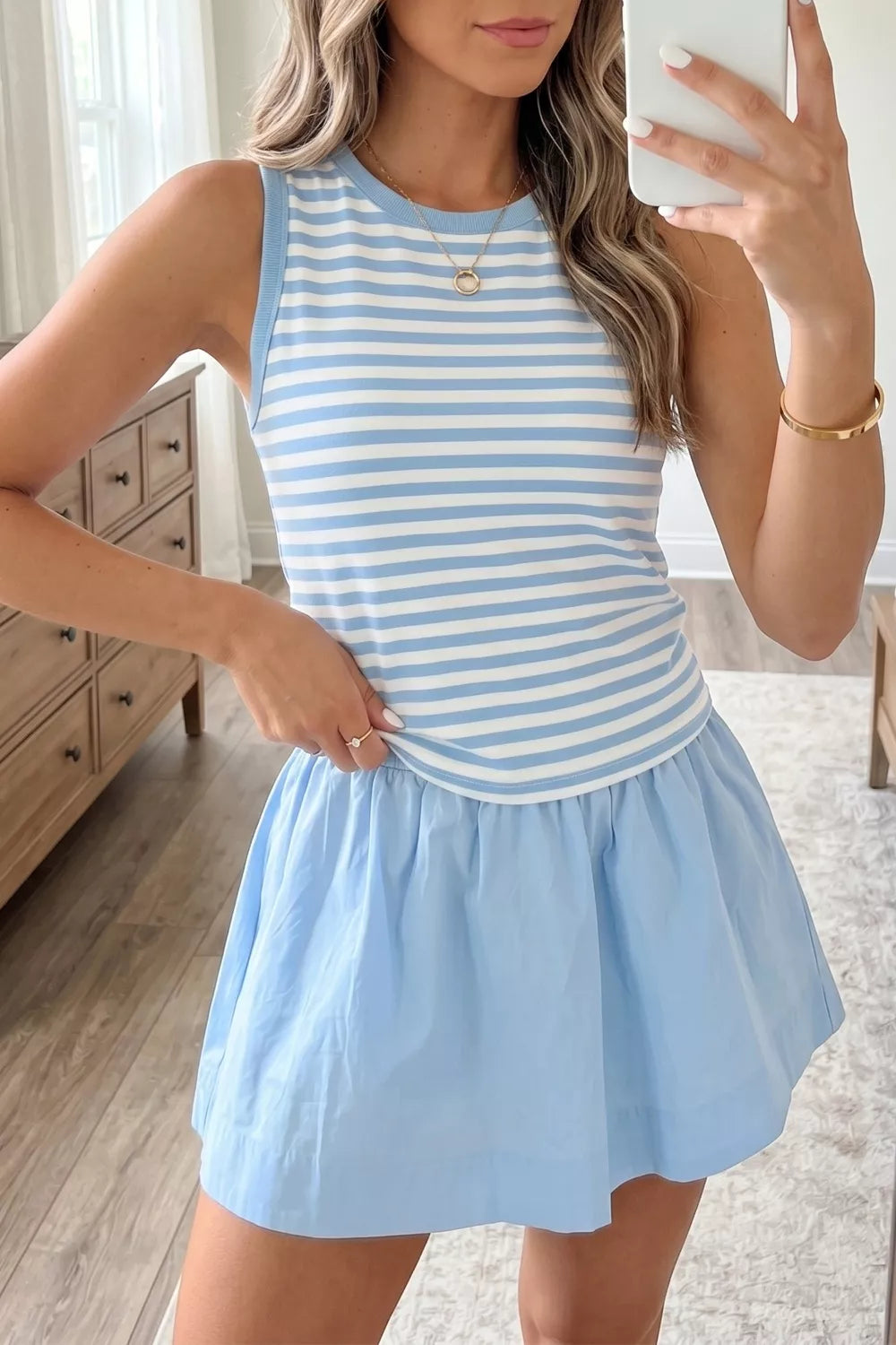 Stripe tank and ruffle skort two piece set front view