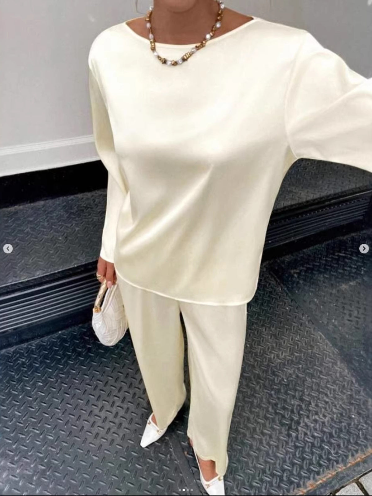 Round neck long sleeve top and pants set in cream front view