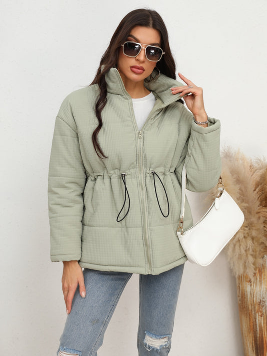 Drawstring Waist Zip-Up Puffer Jacket Light Green - Fashorio