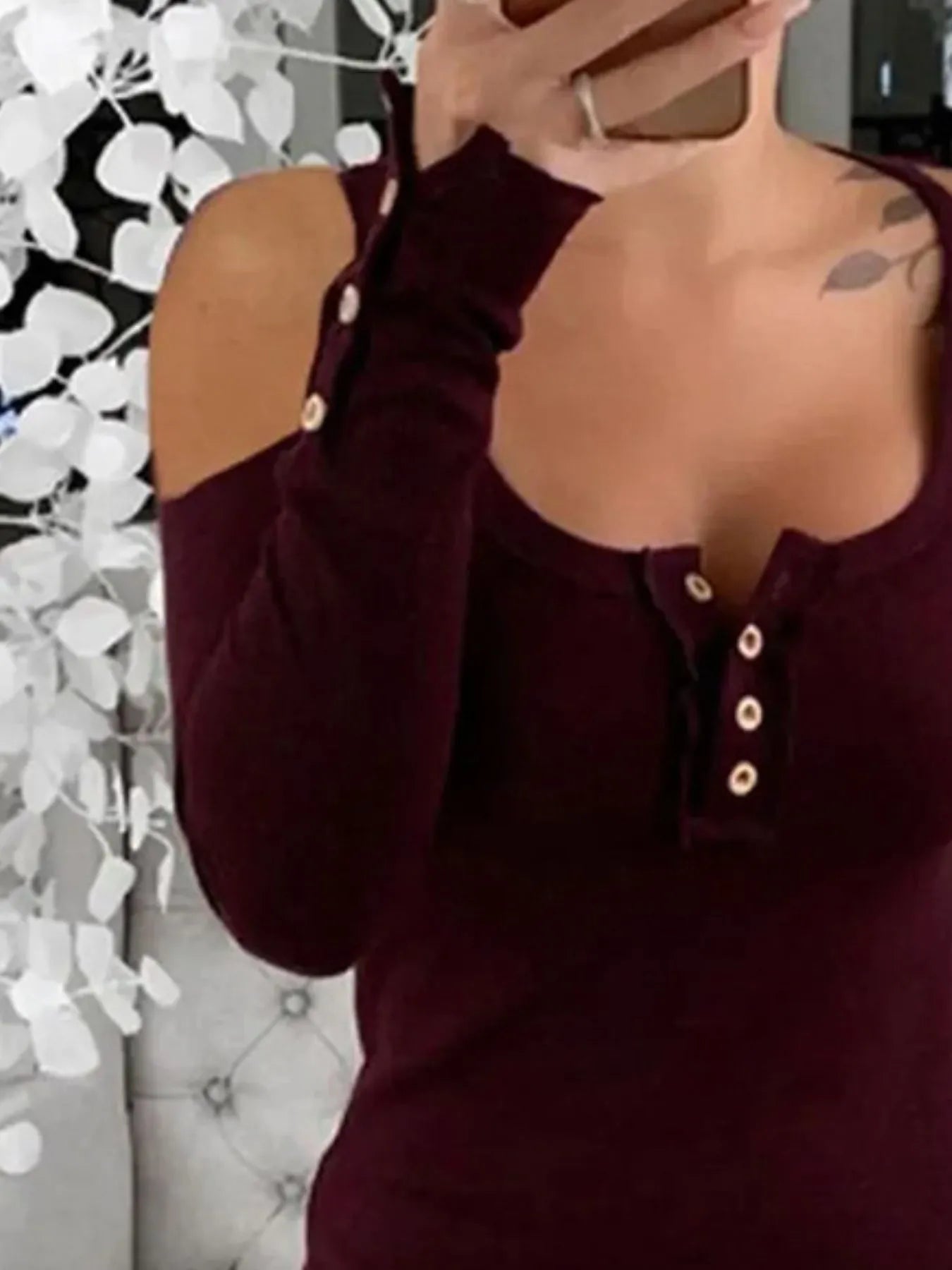 Cold Shoulder Ribbed Henley T-Shirt with Button Detail - Fashorio