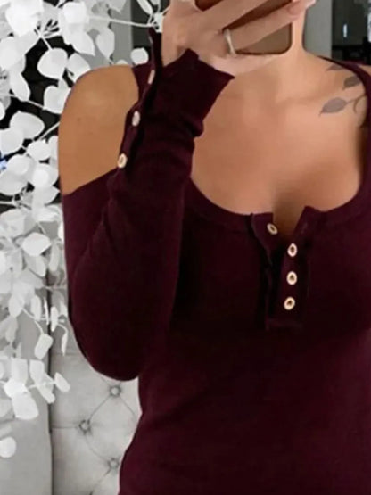 Cold Shoulder Ribbed Henley T-Shirt with Button Detail - Fashorio