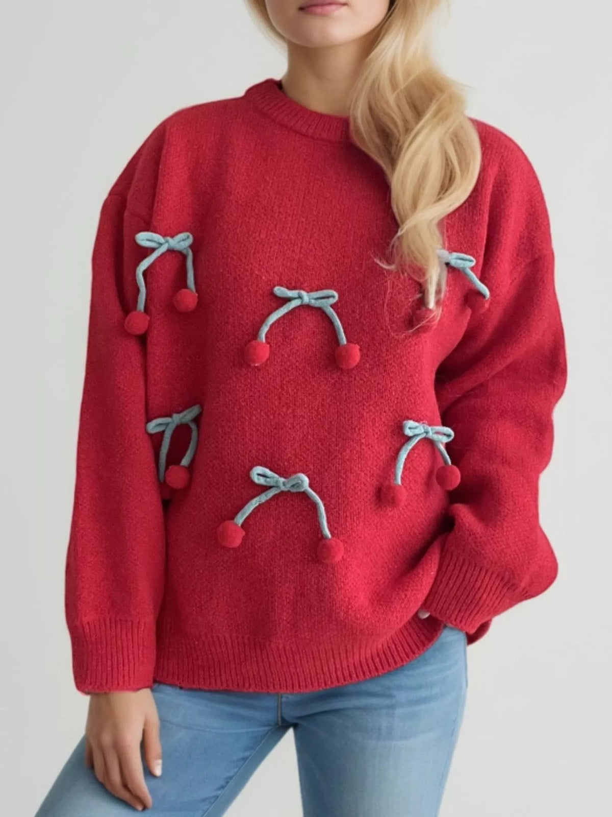 cherry pom pom round neck knit sweater fabric detail
