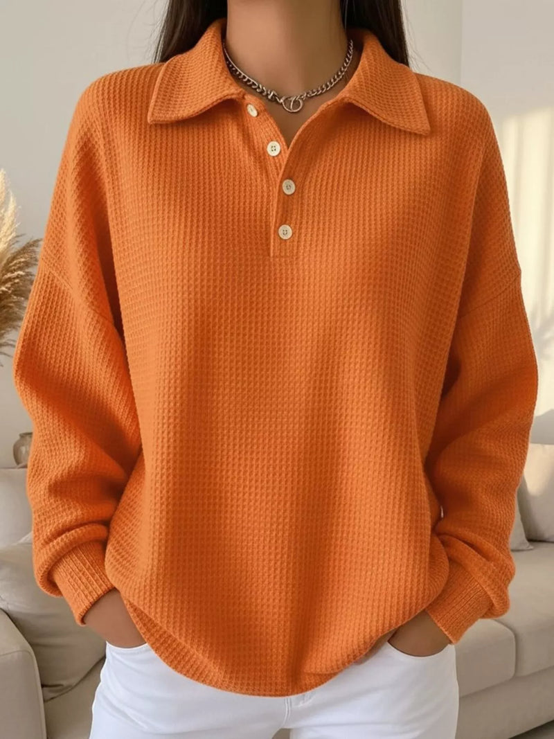 Waffle knit button detail top front view
