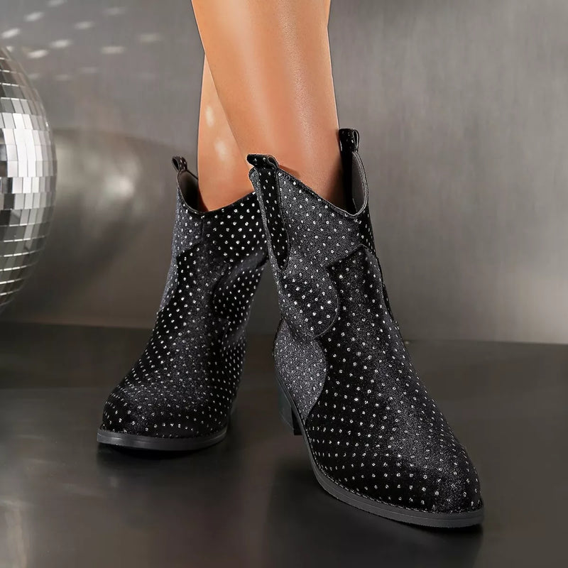 Sparkling point toe block heel boots side profile