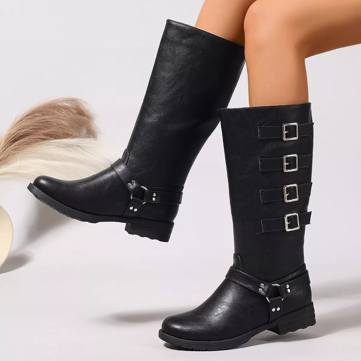 Round toe block heels boots worn on model