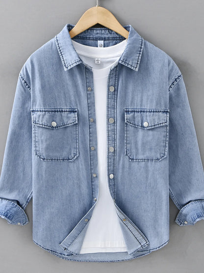 Men's Plus Size Button Up Long Sleeve Denim Shirt Light Blue - Fashorio