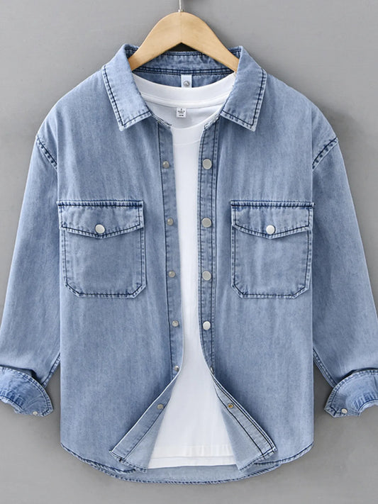 Men's Plus Size Button Up Long Sleeve Denim Shirt Light Blue - Fashorio