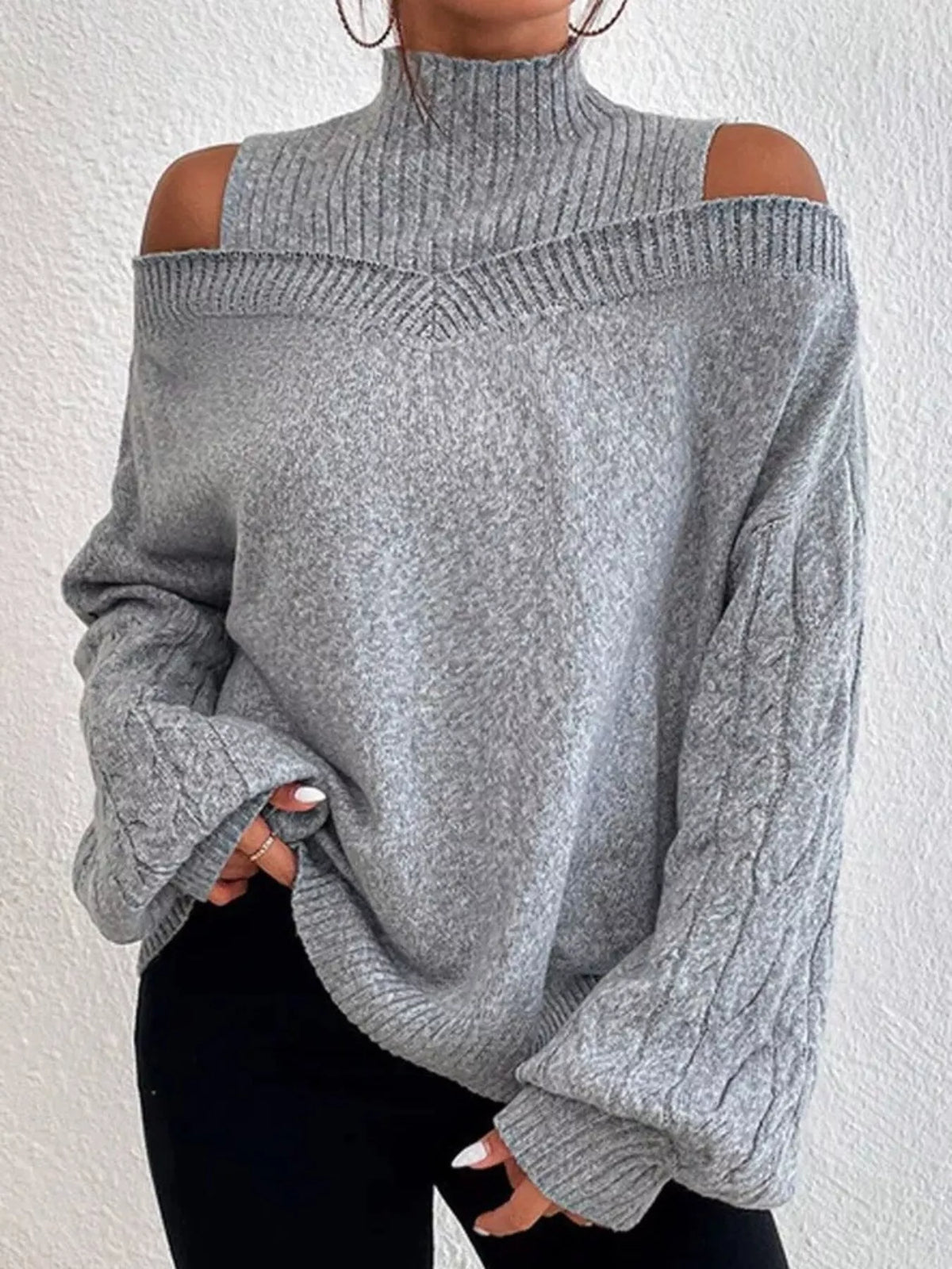 cable knit cold shoulder turtleneck sweater full length view