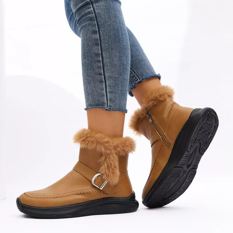 Faux fur buckle ankle boots side profile