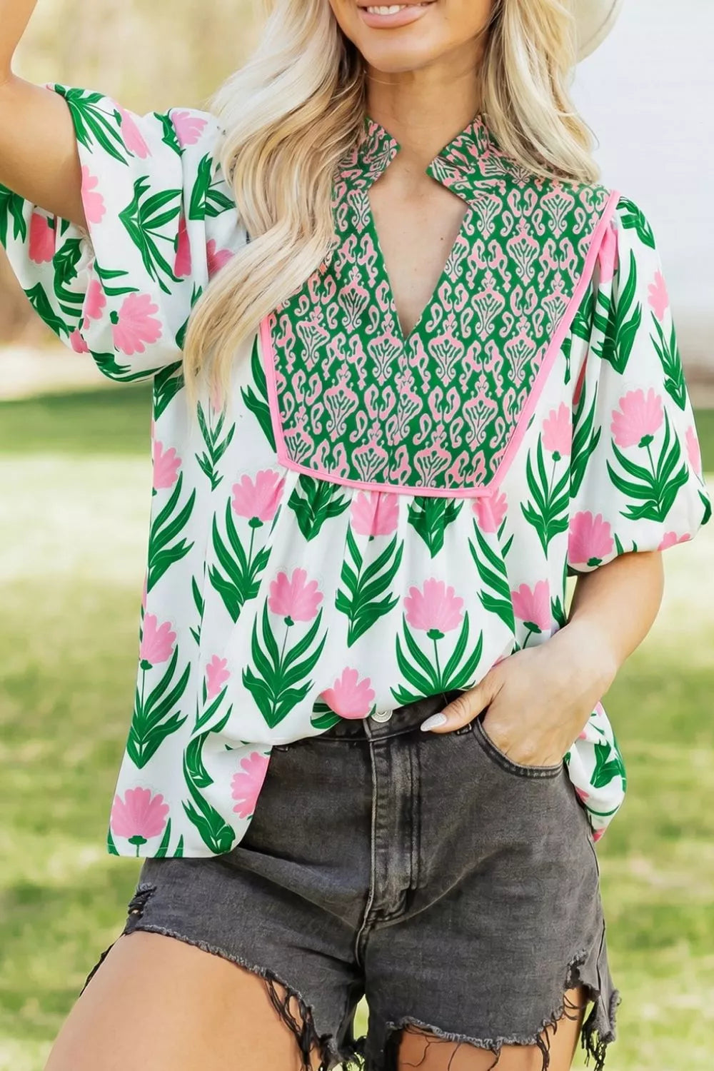 Sage floral puff sleeve V neck blouse, front view