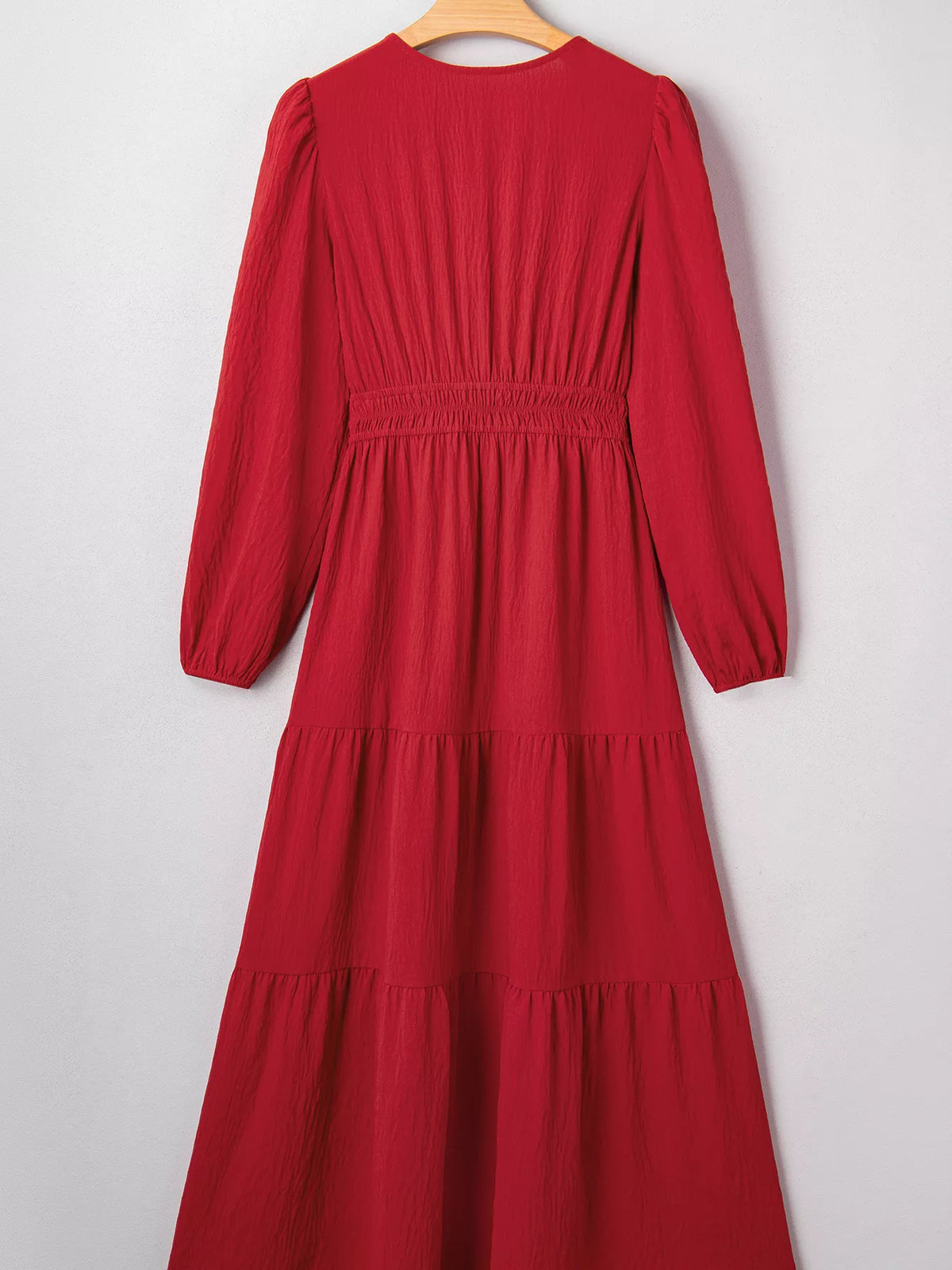 rust embroidered cinched waist tiered maxi dress back view