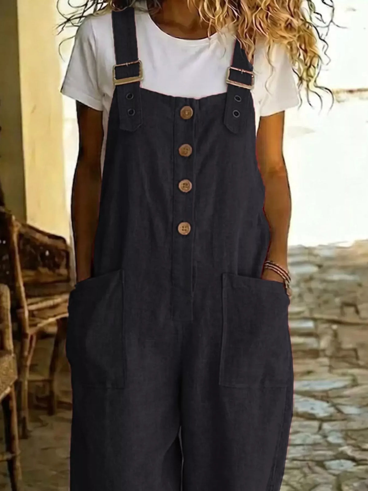Button front wide leg overalls side view