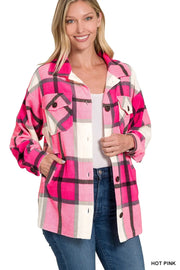 Women’s Oversized Pink Plaid Fleece Shacket with Pockets - Fashorio