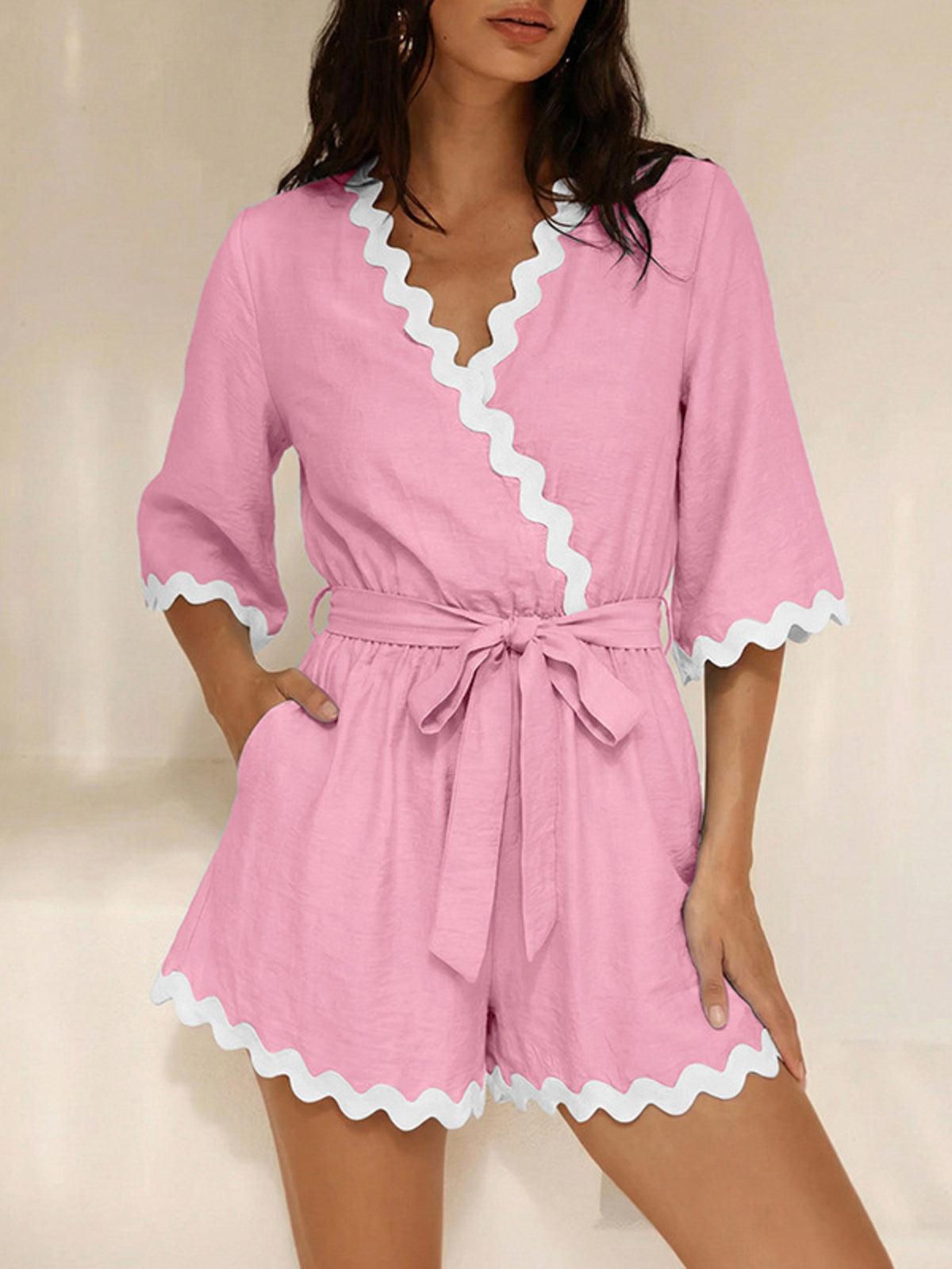 Scalloped trim wrap romper alternate back view