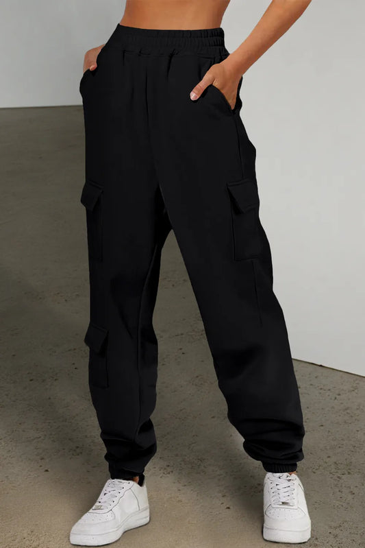 Pocketed Elastic Waist Active Joggers Black - Fashorio