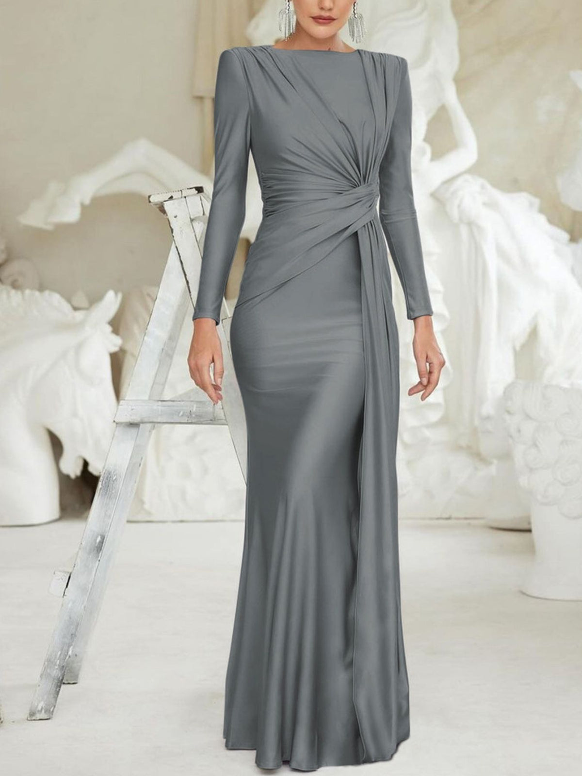 Ruched knot front long sleeve maxi dress standing view