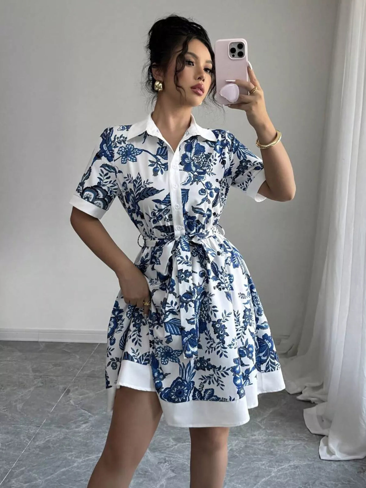 Printed button front belted mini dress front view
