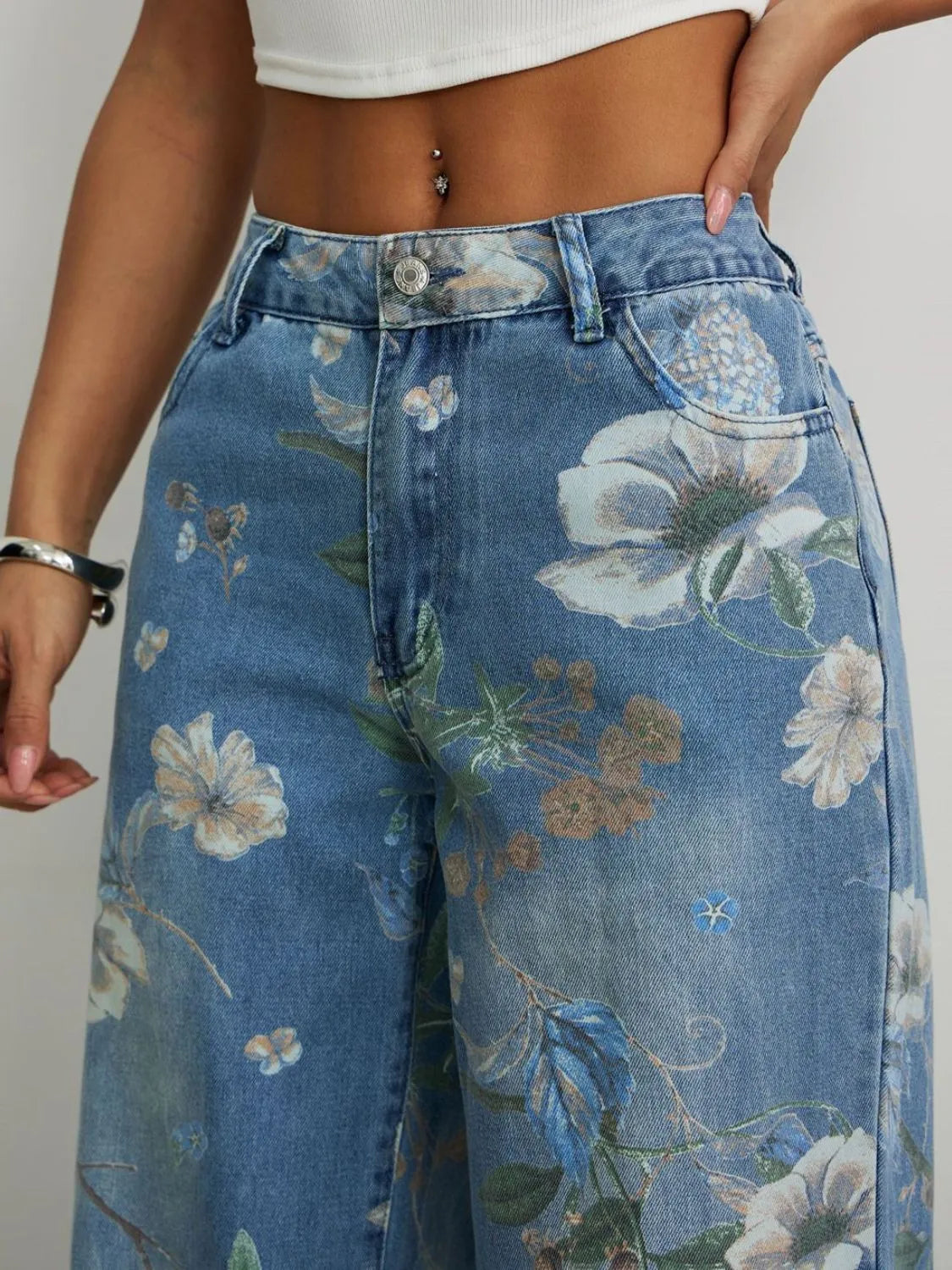 All over print detail on wide leg jeans