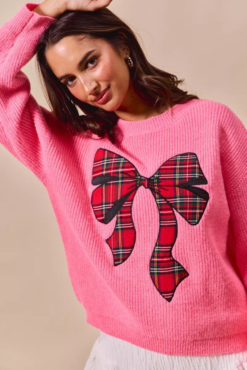 Checker Plaid Ribbon Christmas Sweater in Pink back view
