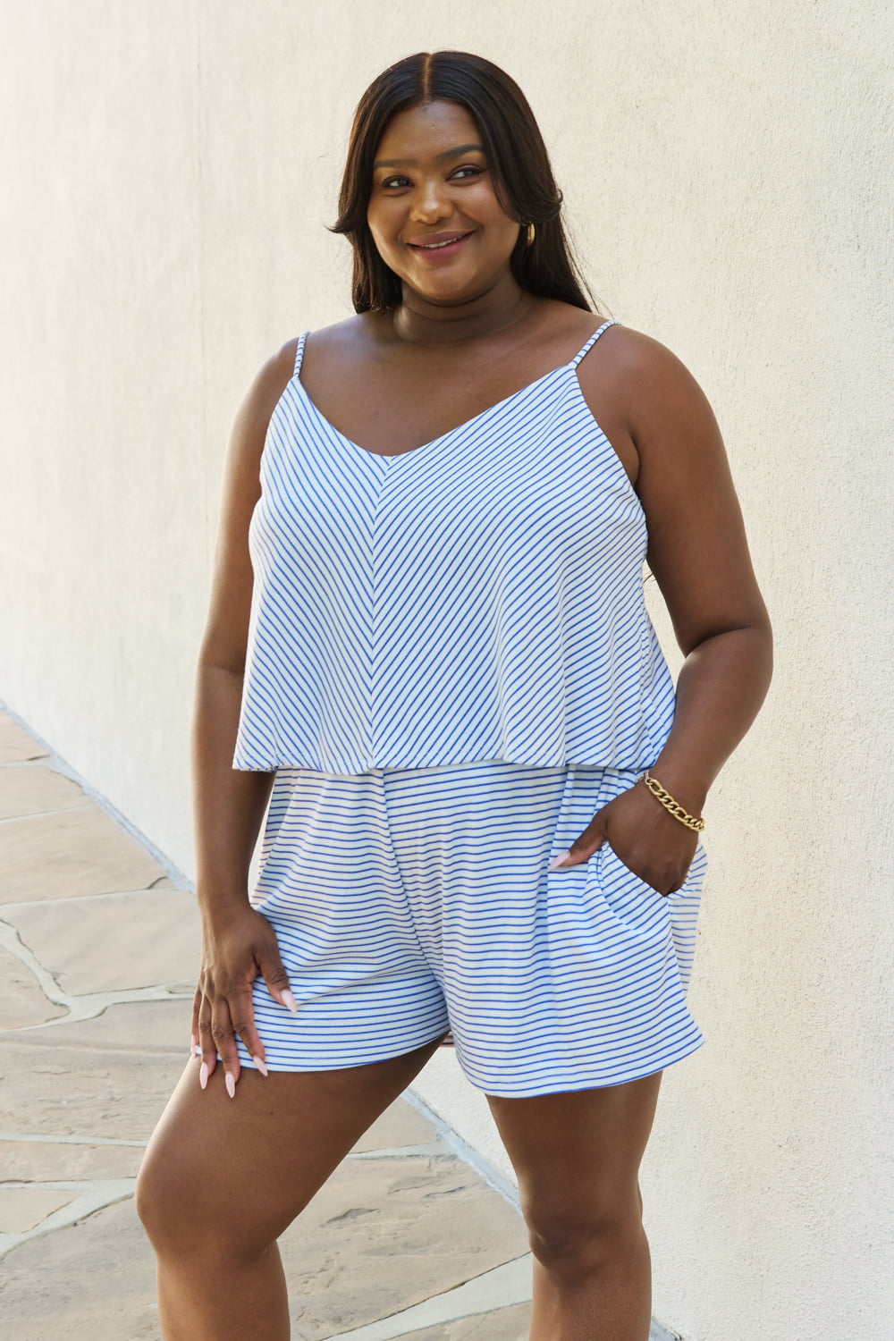 Let It Happen Double Flare Striped Romper in Cobalt Blue side view