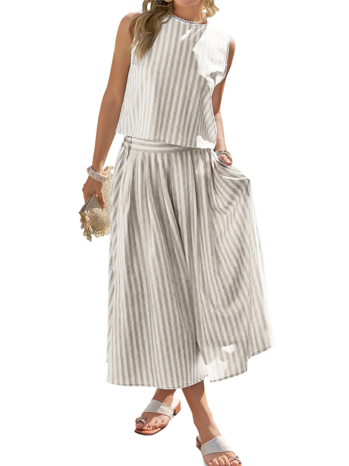 Striped sleeveless midi skirt set button close up