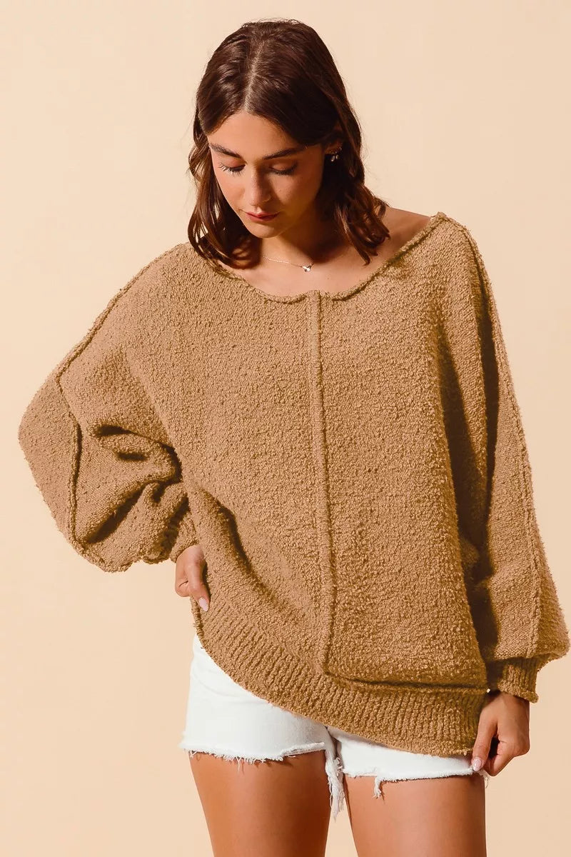 Slouchy Boucle Exposed Seam Sweater in Taupe side view