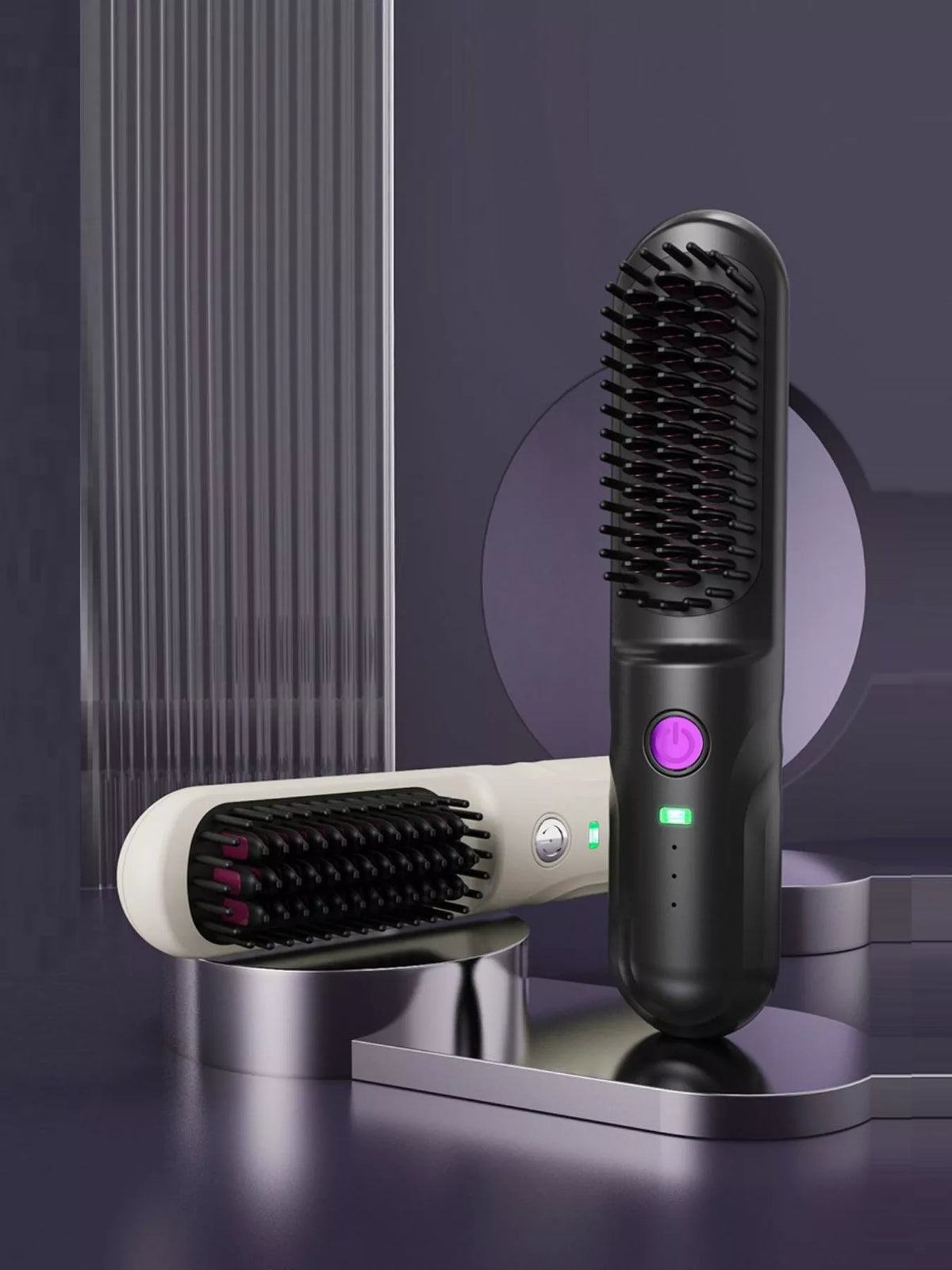 Straightening comb in use on hair